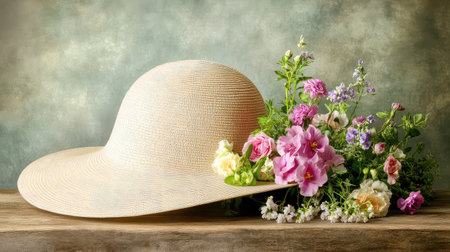 This image features an elegant wide-brim hat adorned with an assortment of colorful fresh flowers, resting on a rustic wooden surface against a soft pastel background. Ideal for seasonal themes, fashion, and nature-related projects.の素材