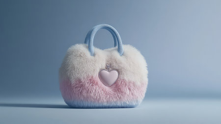 This charming faux fur handbag features pastel pink and blue tones with a playful heart decoration, perfect for fashionable outings and stylish occasions.の素材