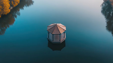 This stunning aerial image captures a solitary wooden pavilion peacefully sitting on a calm lake, surrounded by vibrant autumn trees, creating a serene atmosphere.の素材