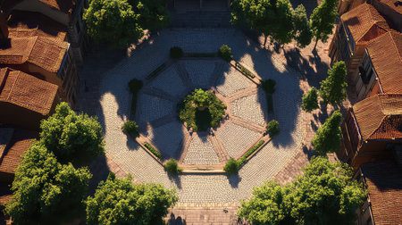 This stunning aerial image showcases a circular stone pavement surrounded by lush trees and charming buildings, creating a peaceful town square ambiance.の素材