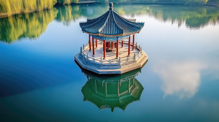 This captivating image showcases a serene pagoda reflecting beautifully on still waters, surrounded by lush greenery, creating a peaceful atmosphere ideal for relaxation and meditation.の素材