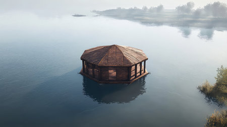 A stunning octagonal pavilion gently floats on a calm lake, surrounded by a misty landscape. This serene structure offers a perfect escape into nature's tranquility, ideal for relaxation and reflection.の素材