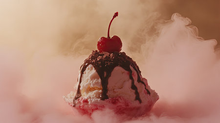 This mouthwatering ice cream sundae features a cherry atop a creamy scoop drizzled with rich chocolate sauce, surrounded by colorful fog. Enjoy the temptation!の素材