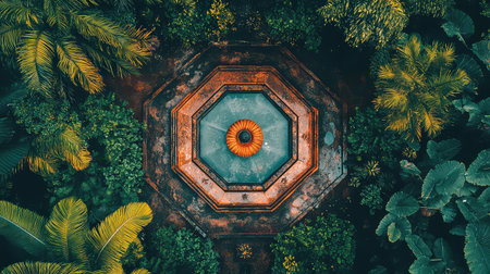 This stunning aerial image showcases an ornate fountain at the center of a lush tropical garden. Surrounded by vibrant greenery, the scene evokes tranquility and beauty.の素材