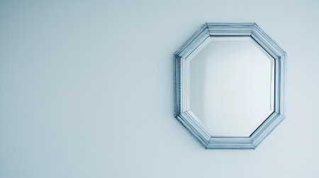 A stylish octagonal mirror is showcased against a light blue wall, representing modern design and elegance. Perfect for home decor inspiration.の素材