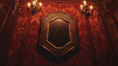 A striking vintage mirror adorned with an ornate frame reflects the intricate beauty of red decorative wallpaper in an elegant interior setting.の素材