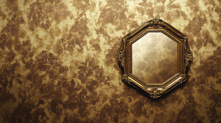 This image features an elegant octagonal mirror with an ornate frame set against a luxurious textured gold wall. The rich colors and intricate details create a warm and sophisticated atmosphere, ideal for showcasing interior design aesthetics.の素材