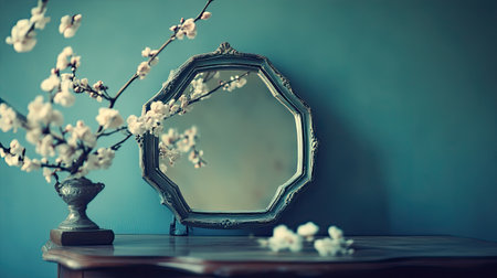 A captivating still life featuring an ornate vintage mirror reflecting a serene indoor scene with delicate blossoms and a soft blue wall, enhancing tranquility.の素材