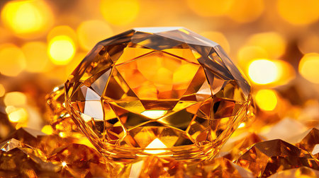 A breathtaking close-up of a beautifully cut amber gemstone surrounded by shimmering reflections on a golden background, exuding warmth and luxury.の素材