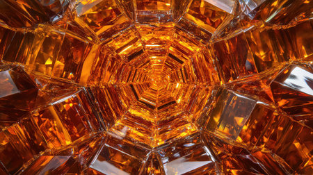 This mesmerizing abstract image features a tunnel-like formation made of orange crystal shapes, showcasing intricate light reflections and captivating textures.の素材