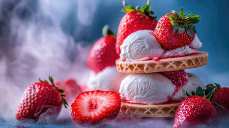 This captivating image features a stack of waffle cones filled with creamy ice cream, garnished with fresh strawberries. The addition of aromatic smoke adds a dramatic touch, making it perfect for summer desserts, food photography, or culinary inspiration.の素材