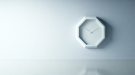 This image features an elegant white octagonal clock mounted on a minimalist light gray wall, emphasizing modern design principles through simplicity and clean lines.の素材