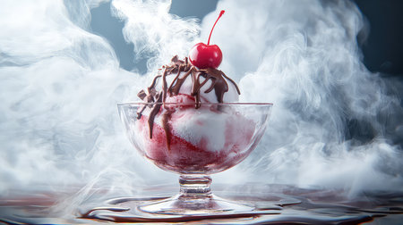 A captivating ice cream dessert featuring a luscious cherry on top and rich chocolate drizzle, enhanced by dramatic steam effects for visual appeal.の素材