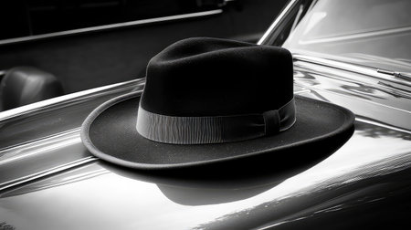 A striking black fedora hat elegantly rests on the polished surface of a classic car. This monochrome photography captures timeless style and sophistication.の素材