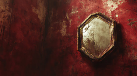 An antique octagonal mirror reflects intricate textures in a richly colored red wall, embodying vintage gothic style. Ideal for artistic decor themes.の素材