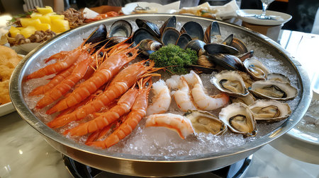 A vibrant seafood platter featuring a variety of fresh shrimp, oysters, clams, and mussels presented on ice, perfect for a delicious dining experience.の素材