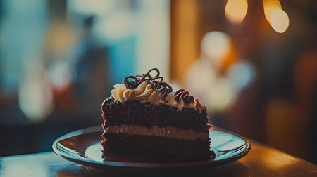 A beautifully presented slice of chocolate cake with creamy frosting sits on a plate in a warm cafの素材