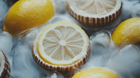 Bright yellow lemon slices rest on ice, surrounded by refreshing bubbles, perfect for summer beverages and culinary creativity in vibrant presentations.の素材