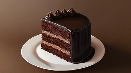 A mouthwatering slice of decadent chocolate cake adorned with rich frosting sits on a plate, perfect for dessert lovers seeking a sweet treat.の素材