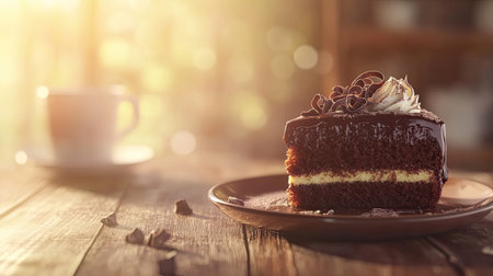 A beautifully presented slice of decadent chocolate cake rests on a rustic wooden table, accompanied by a cup of hot coffee. The warm lighting enhances the inviting atmosphere, creating a perfect setting for relaxation and indulgence.の素材