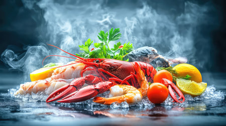 A stunning arrangement of fresh seafood including lobster, shrimp, and fish presented with vegetables and citrus. The display features steam and ice, creating an enticing culinary atmosphere perfect for food enthusiasts.の素材