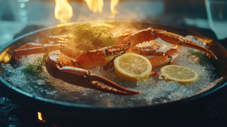 A beautifully presented crab dish with lemon slices and herbs, captured in a warm kitchen setting, highlighting the art of gourmet cooking.の素材