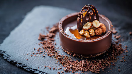 This stunning chocolate dessert features a rich chocolate base topped with nuts and caramel, beautifully presented on a dark slate plate, perfect for fine dining.の素材