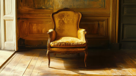 A beautiful vintage armchair sits gracefully in a sunlit room, showcasing elegant upholstery and intricate craftsmanship. Warm tones enhance the cozy atmosphere, inviting reflection.の素材