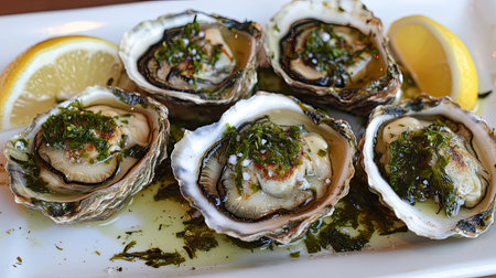 A tempting arrangement of fresh oysters garnished with herbs and served with lemon slices. Perfect for seafood fans and culinary enthusiasts, this dish highlights the beauty and flavors of ocean delicacies.の素材