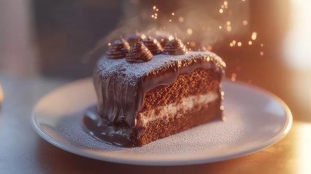 A tantalizing slice of chocolate cake beautifully decorated with creamy icing and delicate garnishes on a plate. Ideal for dessert lovers.の素材