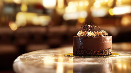 A beautifully crafted chocolate cake sitting elegantly on a marble table, surrounded by warm lighting, creating a cozy and inviting cafの素材