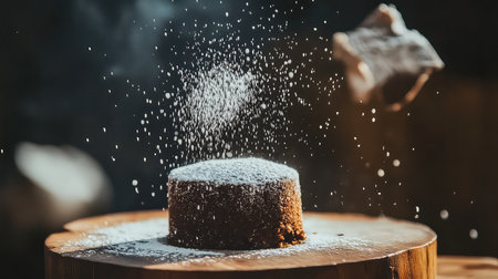This image showcases an elegant chocolate cake dusted with sugar, creating a magical cooking moment filled with atmosphere and warmth.の素材