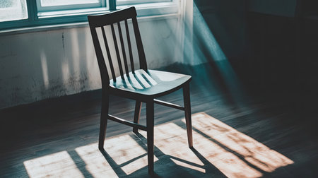 A tranquil scene features a wooden chair bathed in sunlight streaming through a window, casting soft shadows and creating a calming atmosphere in the room.の素材