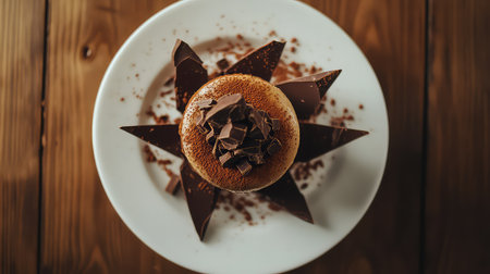 This stunning chocolate dessert features a creamy base topped with shavings and decorative chocolate pieces, elegantly arranged on a rustic wooden table.の素材