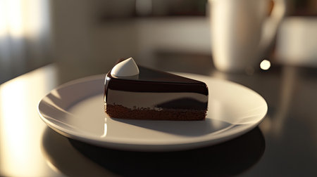 A mouthwatering slice of chocolate cake, topped with smooth chocolate glaze and a dollop of whipped cream, presented on a clean white plate.の素材