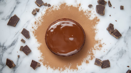 A delightful round chocolate cake features a glossy chocolate glaze and is surrounded by chocolate pieces and cocoa powder, perfect for dessert lovers.の素材