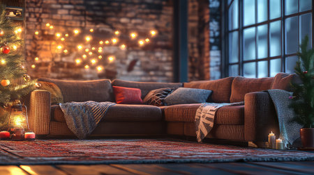 A cozy living room scene adorned for the Christmas season, featuring warm lights, a stylish couch, soft cushions, and a beautifully decorated tree, creating an inviting holiday ambiance.の素材