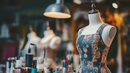 A stunning dress displayed on a mannequin within a vibrant fashion studio, surrounded by colorful materials and various crafting tools, showcasing creativity.の素材