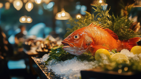 A stunning presentation of a fresh red fish resting on a bed of ice, surrounded by vibrant citrus fruits and green herbs, ideal for showcasing seafood excellence.の素材