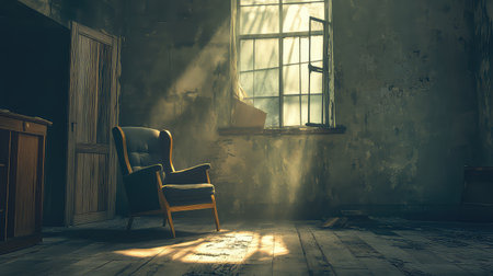 A captivating scene of an abandoned room featuring an old chair illuminated by sunlight pouring through a dusty window, creating an evocative atmosphere.の素材