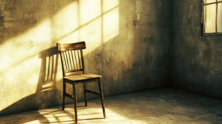 A lonely wooden chair rests in a dimly lit room, casting soft shadows on the textured wall, creating a serene and contemplative atmosphere.の素材