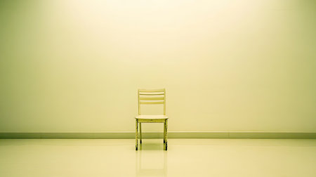A solitary wooden chair sits in a minimalistic space illuminated by soft yellow light, evoking feelings of tranquility and elegance in design.の素材