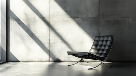A stylish modern lounge chair showcases a minimalist design against a concrete wall, beautifully illuminated by flowing sunlight and creating an inviting atmosphere.の素材