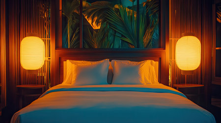 A cozy and inviting bedroom featuring warm ambient lighting, plush linens, and tropical decor elements, perfect for relaxation and tranquility.の素材