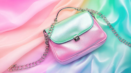 This image features a stylish pastel handbag with a metallic finish resting elegantly on a soft fabric background, perfect for fashion enthusiasts.の素材