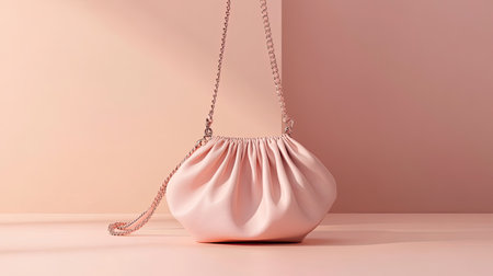 This elegant soft pink handbag features a delicate chain strap, showcasing a perfect blend of modern design and classic charm in a minimalist setting.の素材