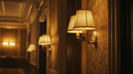 This image captures elegant wall sconces softly illuminating a luxurious hallway, creating a warm and inviting atmosphere with stylish decor elements.の素材