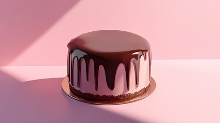 A beautifully crafted chocolate drip cake sits elegantly on a minimalistic pink background, perfect for celebrations and gourmet dessert showcases.の素材