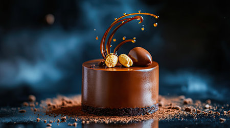 This exquisite chocolate dessert features a glossy ganache with a beautiful caramel drizzle, perfect for any elegant occasion or sweet indulgence.の素材