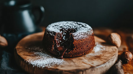 A rich chocolate fondant cake, beautifully presented on a rustic wooden board, dusted with powdered sugar, accented by nuts, creating a visually enticing dessert scene.の素材